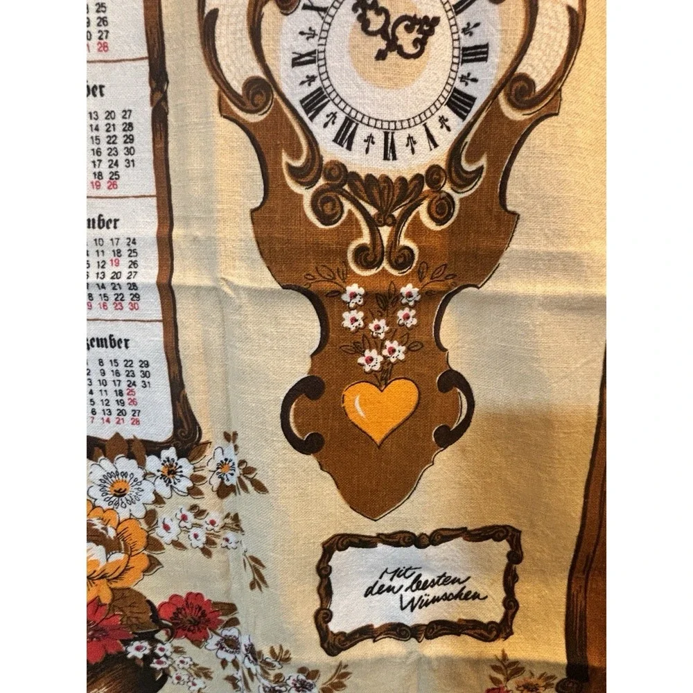 1980 German Clock Cloth Calendar Kitchen Tea Towel With Flowers Clean Condition